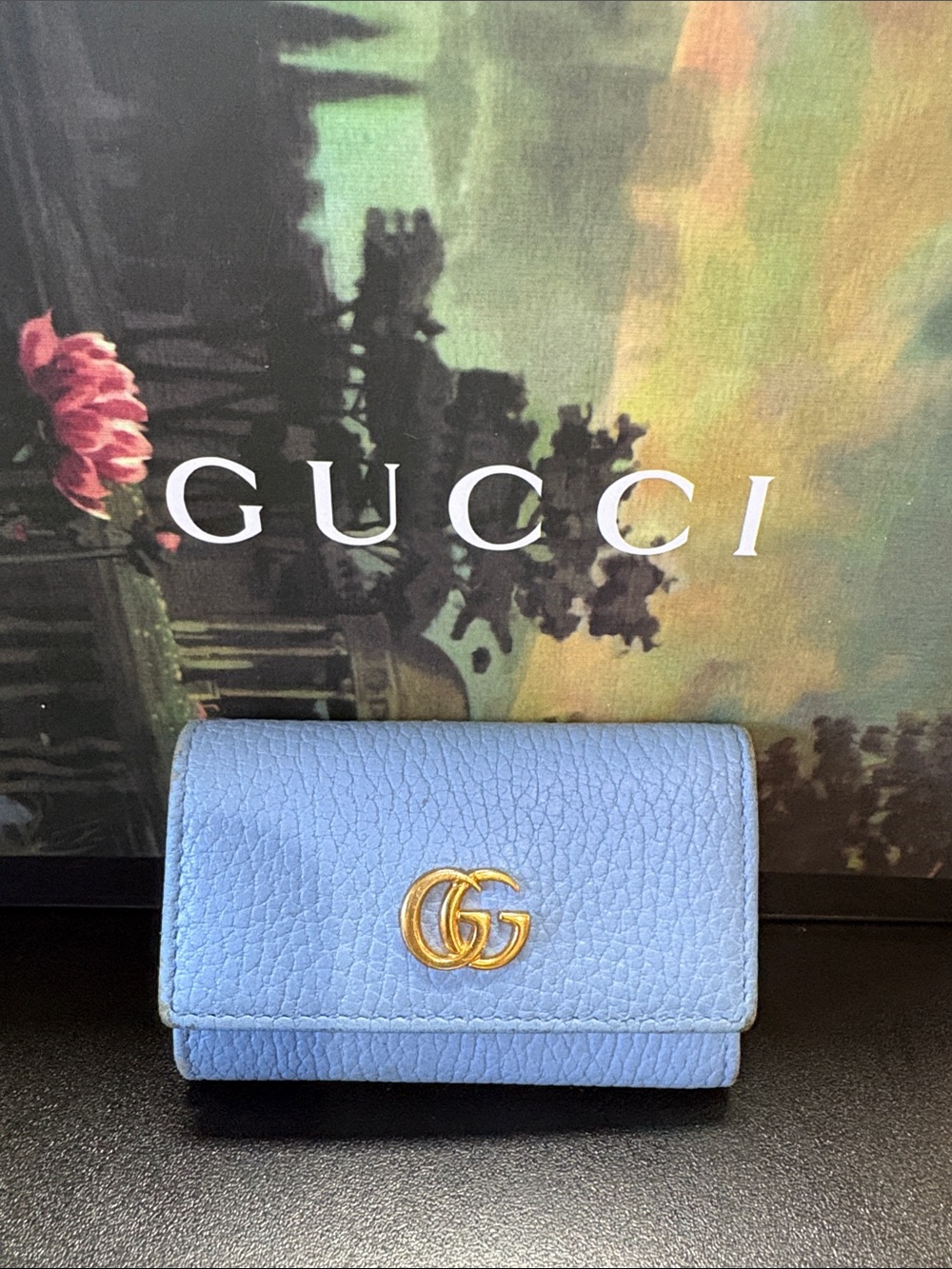 Gucci Light Blue Pebbled Leather Key-holder Wallet with Double G Gold Logo